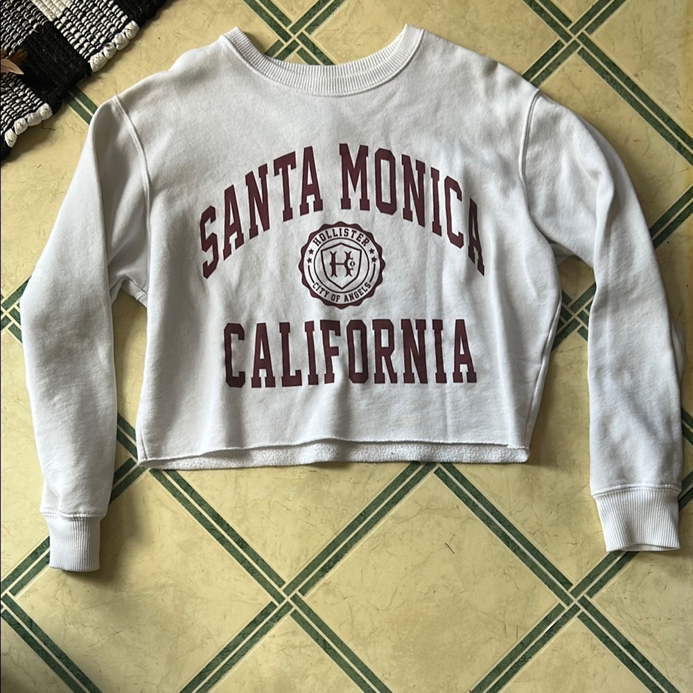 Hollister White Crew Neck Cropped Sweatshirt  Santa Monica Print